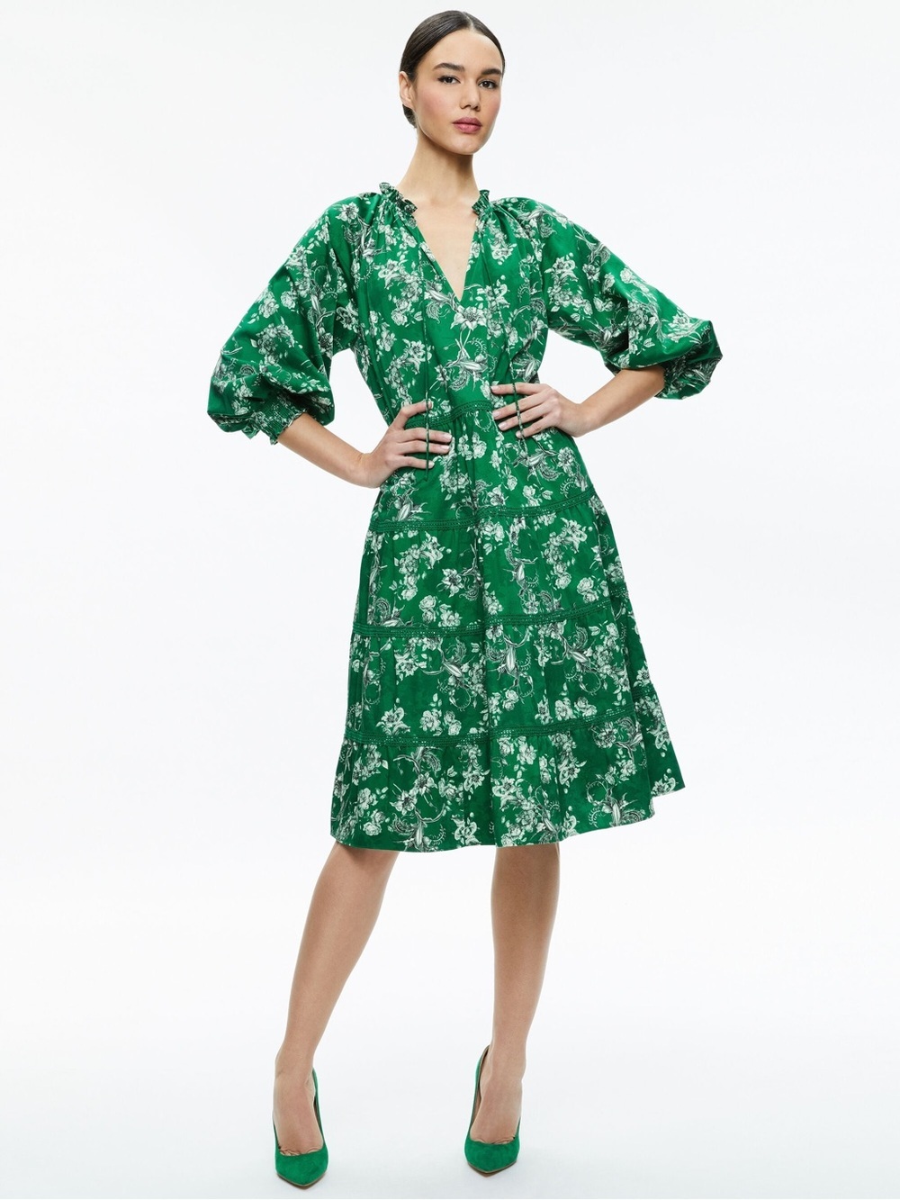 Alice + Olivia Layla Tiered Ruffle Midi Dress Size Large Central Park Green